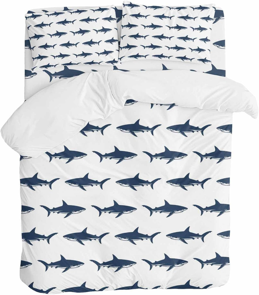 Prime Leader Abstract Sharks Duvet Cover Set Queen Size 4 Pieces Navy Blue Fish Simple Style Ocean Life Bedding Set with Zipper Closure, 1 Comforter Cover 86x86 Inches 1 Flat Sheet & 2 Pillow Cases