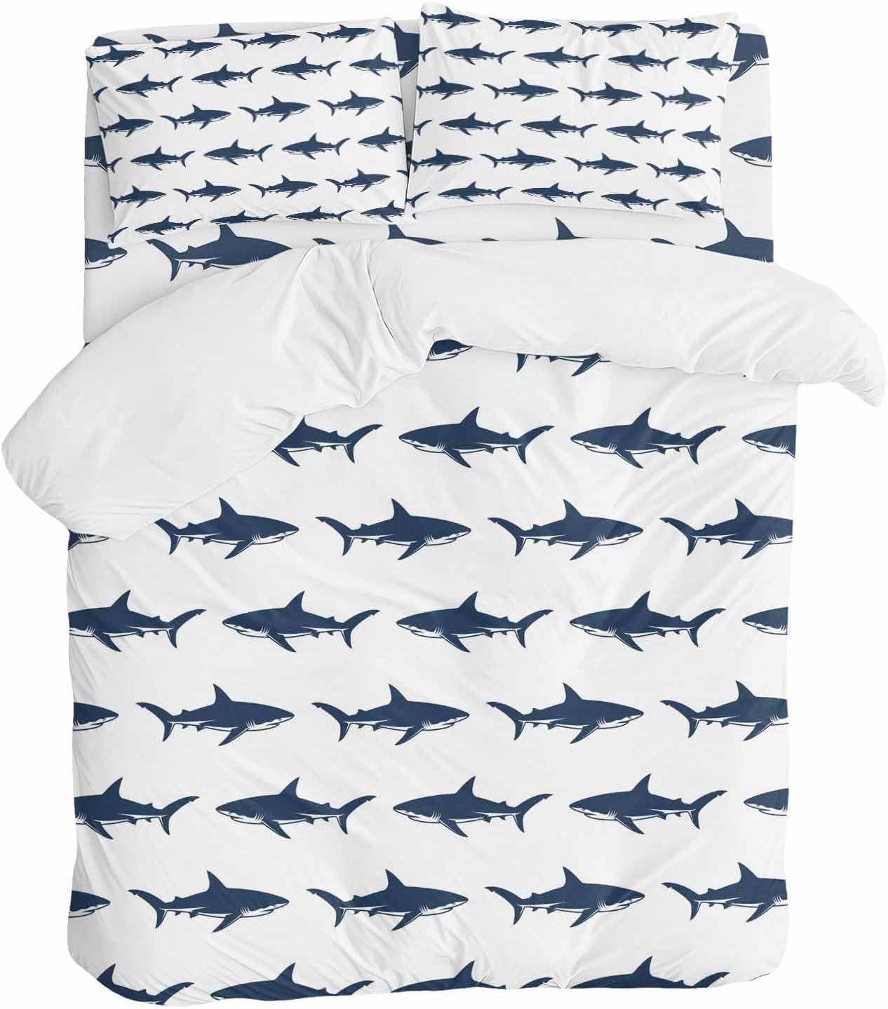 Prime Leader Abstract Sharks Duvet Cover Set Queen Size 4 Pieces Navy Blue Fish Simple Style Ocean Life Bedding Set with Zipper Closure, 1 Comforter Cover 86x86 Inches 1 Flat Sheet & 2 Pillow Cases