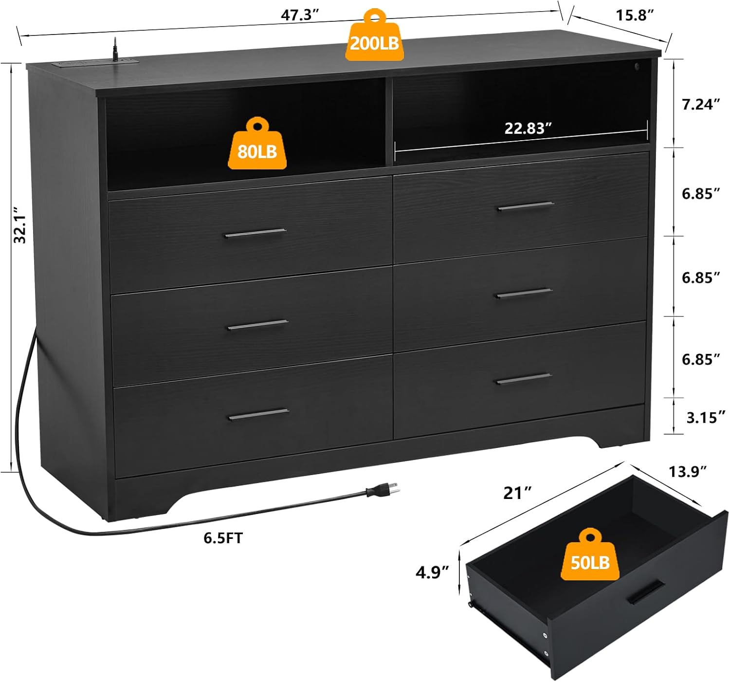 LIDYUK Black Dresser for Bedroom, 6 Drawer Dressers & Chests of Drawers, Modern Wood Dresser with Charging Station and LED Lights, 48 Inch Wide Chest of Drawers for Bedroom, Hallway, Living Room