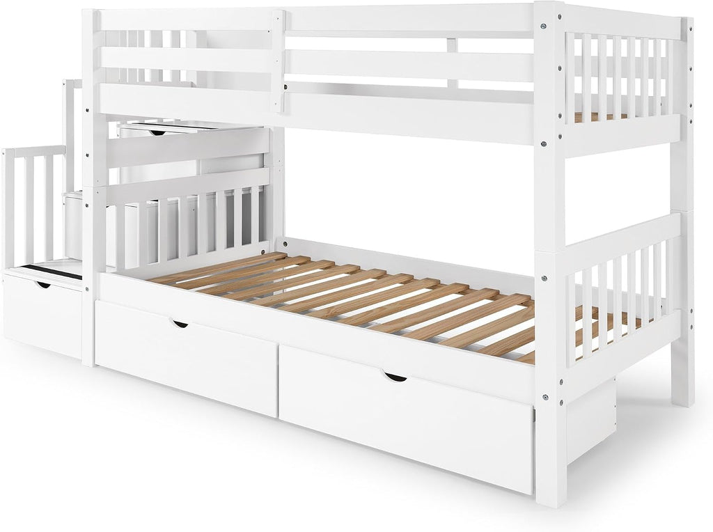 Bedz King Stairway Bunk Beds Twin Over Twin, 3 Step Drawers, 2 Storage Drawers, White