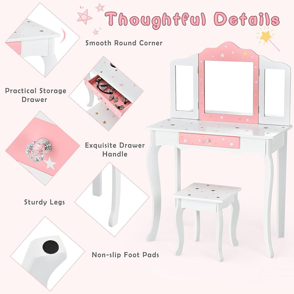 Costzon Kids Vanity & Jewelry Armoire Cabinet, Kids Makeup Vanity Table and Chair Set, Standing Jewelry Organizer with Full-Length Mirror, Kids Bedroom Furniture Set for Girls (White)