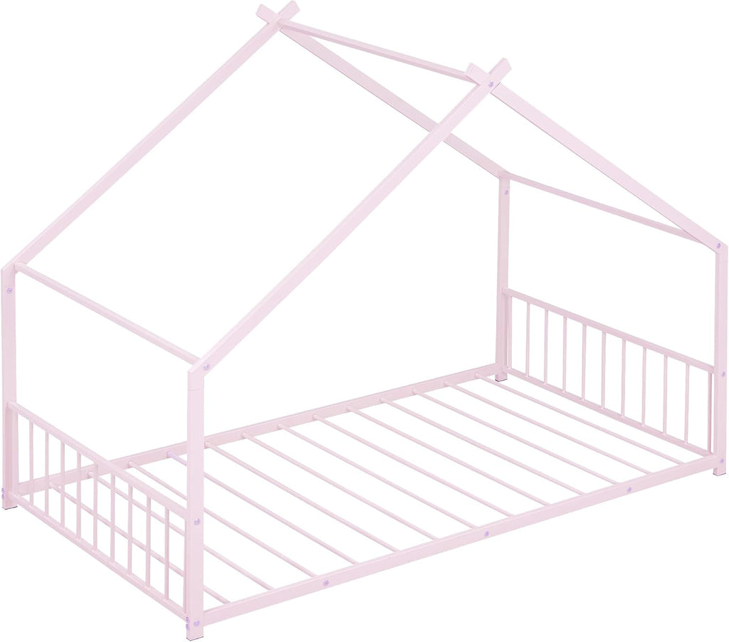 Bellemave Twin Floor BedFrame with Slats for Kids, Metal Montessori Floor Beds, Twin House Bed for Kids, Pink with roof