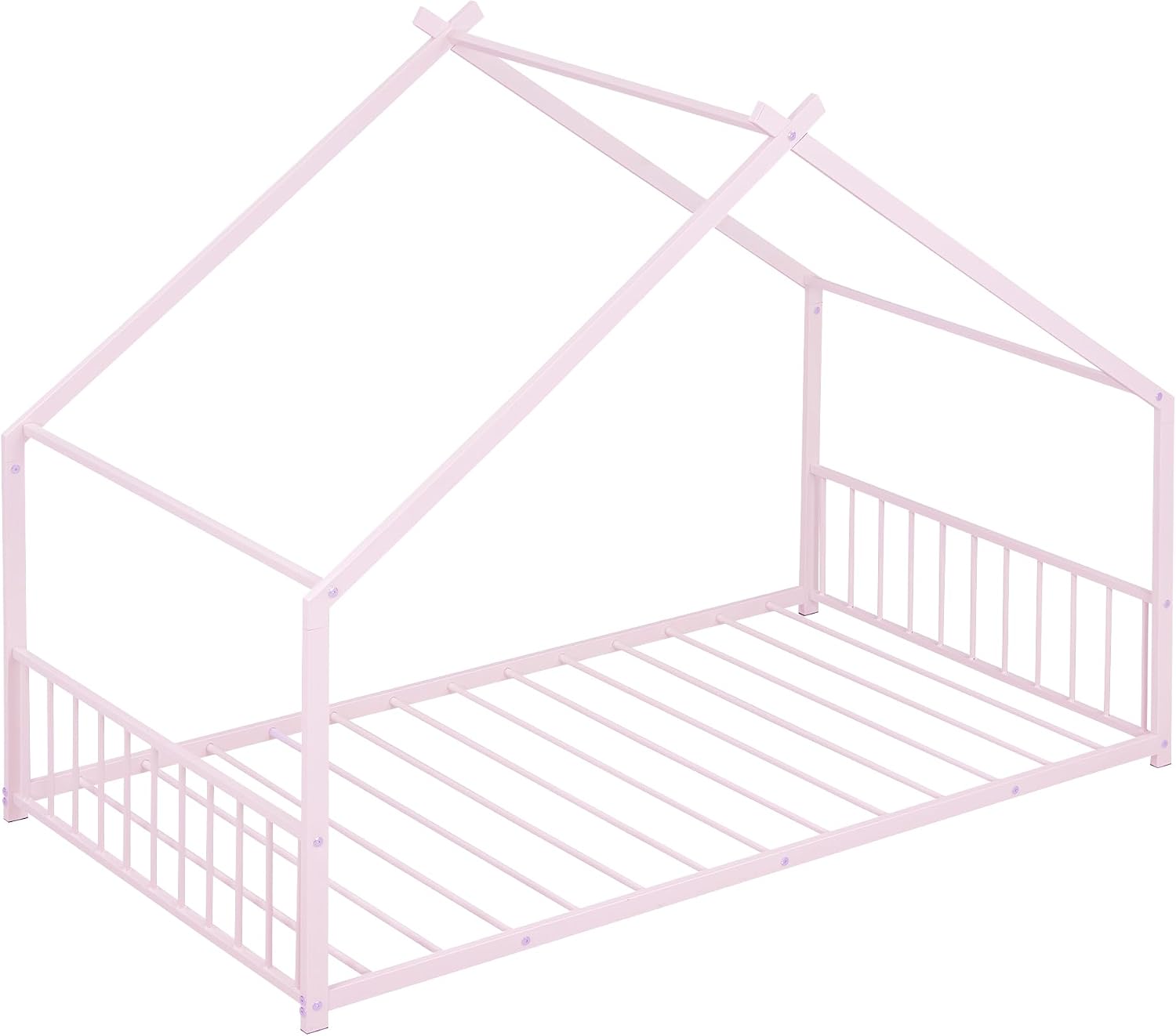 Bellemave Twin Floor BedFrame with Slats for Kids, Metal Montessori Floor Beds, Twin House Bed for Kids, Pink with roof