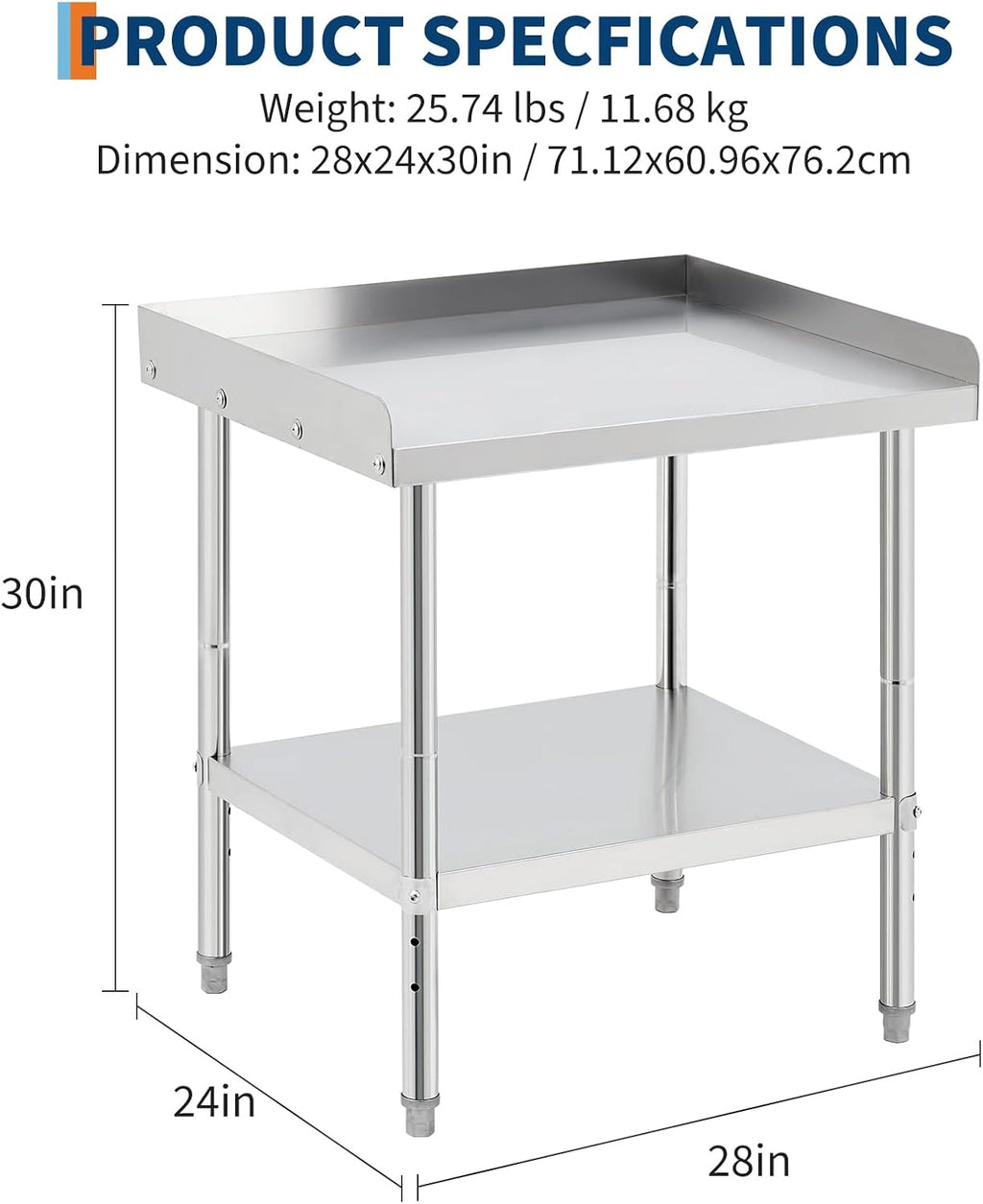 GarveeTech Stainless Steel Grill Stand Table - 28x24x30 Inches, 660 LBS Heavy-Duty Capacity, NSF Certified, with 2' Edge Baffle for Home, Commercial Restaurant Kitchen, Hotel