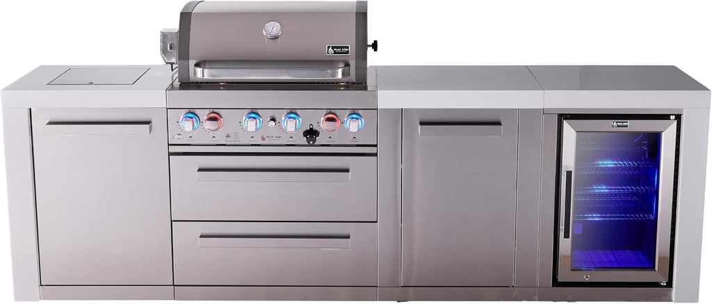 Mont Alpi Premium 107'W x 23'D x 46'H Deluxe Stainless Steel Outdoor Kitchen Island with Refrigerator + 32'W 4-Burner BBQ Gas Grill + Granite Countertops + Storage Cabinets + Rotisserie Kit + Cover
