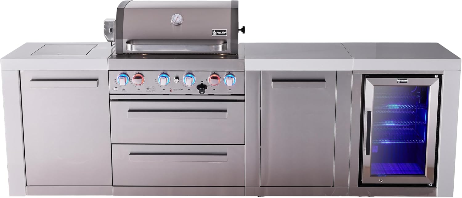 Mont Alpi Premium 107'W x 23'D x 46'H Deluxe Stainless Steel Outdoor Kitchen Island with Refrigerator + 32'W 4-Burner BBQ Gas Grill + Granite Countertops + Storage Cabinets + Rotisserie Kit + Cover