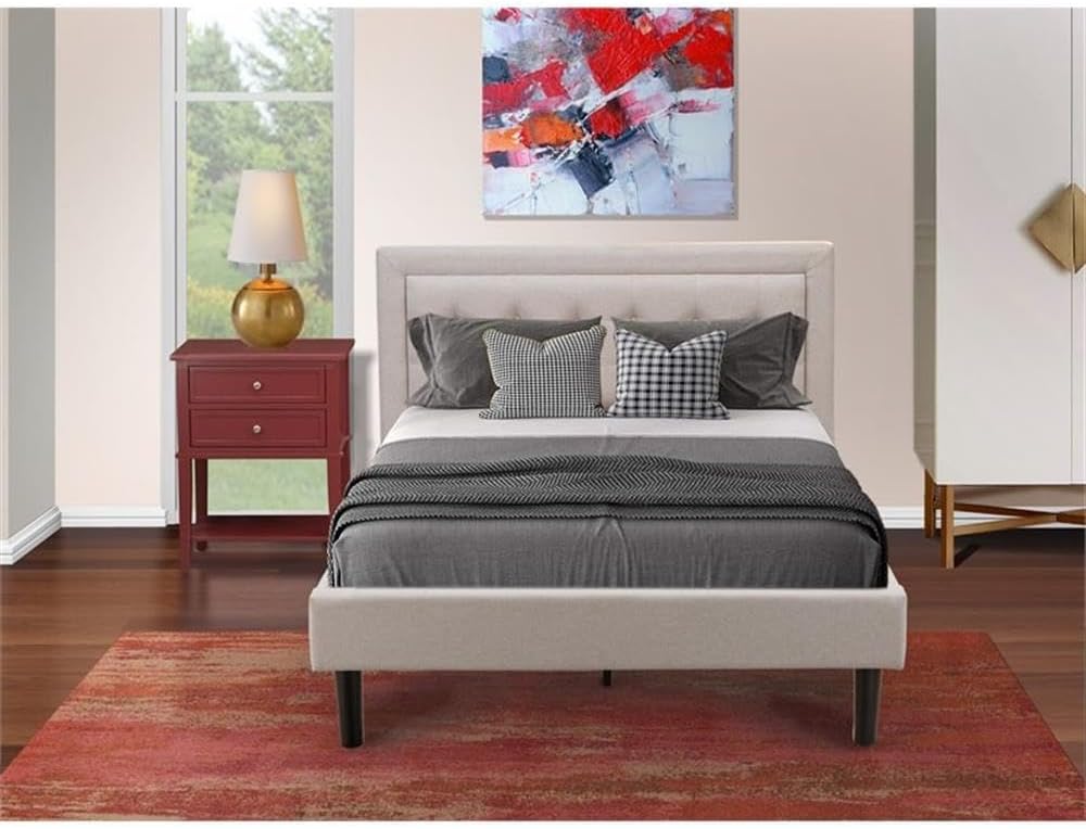 East West Furniture FN08F-1VL13 2-Pc Fannin Bed Set with 1 Modern Bed and a Night Stand for Bedrooms - Reliable and Durable Construction - Mist Beige Linen Fabric
