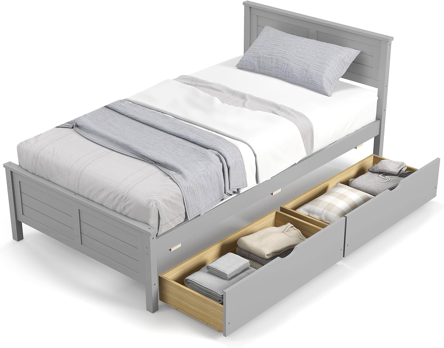 KOMFOTT Twin Size Wood Bed Frame with 2 Storage Drawers, Mid Century Platform Bed Frame with Headboard, Sturdy Wooden Slats Support, Modern Mattress Foundation, No Box Spring Required, Easy Assembly