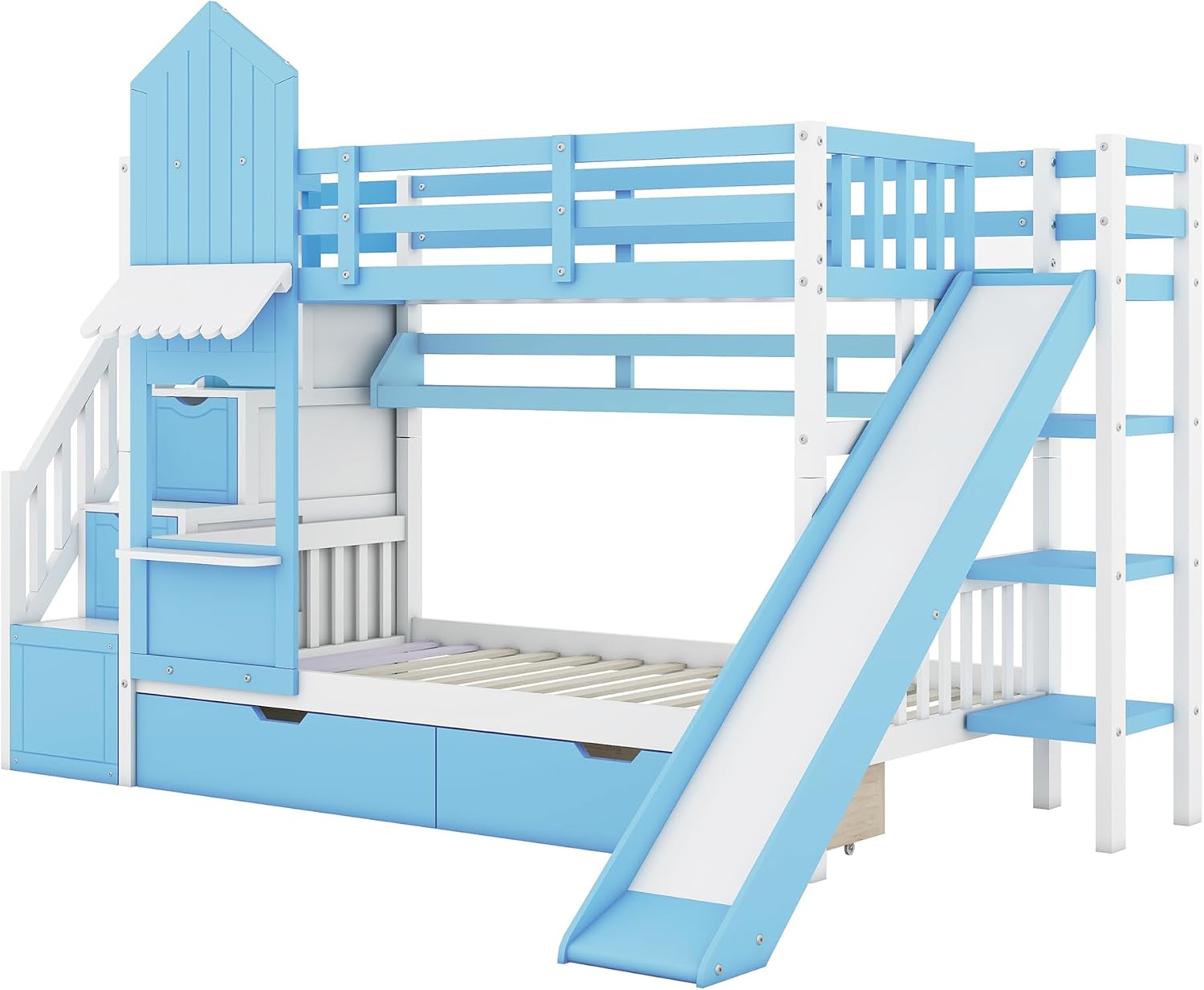 Harper & Bright Designs Twin Over Twin Bunk Bed with Stairs and Slide, Solid Wood Bunk Bed Frame with Storage Drawers and Bookshelf, for Kids Teens Girls Boys (Blue)