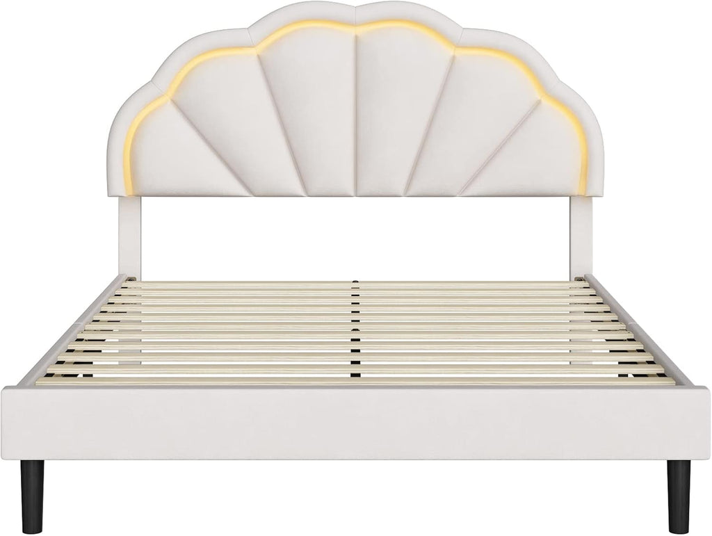 HIFIT Full Upholstered Smart LED Bed Frame with Adjustable Chic Petal Headboard, Princess Full Size Platform Bed Frames for Kids/Girls, Wooden Slats Support, No Box Spring Needed, Easy Assembly, Beige