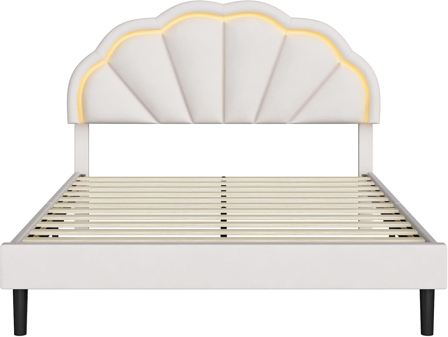 HIFIT Full Upholstered Smart LED Bed Frame with Adjustable Chic Petal Headboard, Princess Full Size Platform Bed Frames for Kids/Girls, Wooden Slats Support, No Box Spring Needed, Easy Assembly, Beige