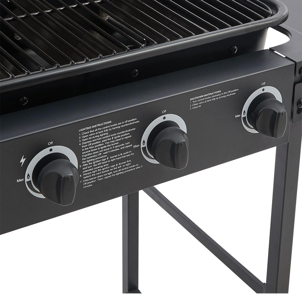 5-Burner Propane Gas BBQ Grill, Stainless Steel Barbecue Grill with Side Burner with Side Burner, Propane Griddle Grill Combo with Enamel-Coated Grates and Side Tables for Camping, Patio