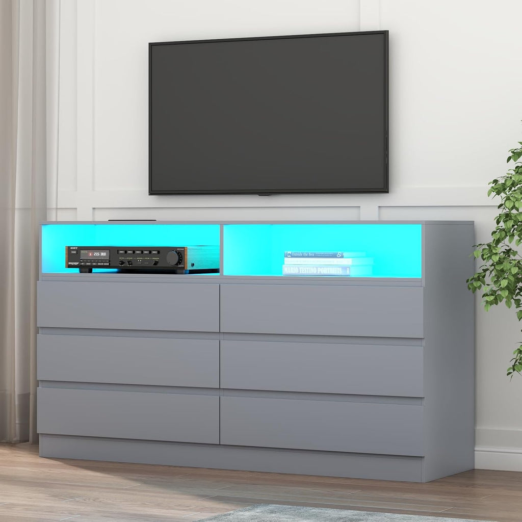 Gyfimoie 6 Drawers Dresser with Power Outlet, Accent Chests of Drawers with LED Light, Modern Storage Dresser for Bedroom, Living Room
