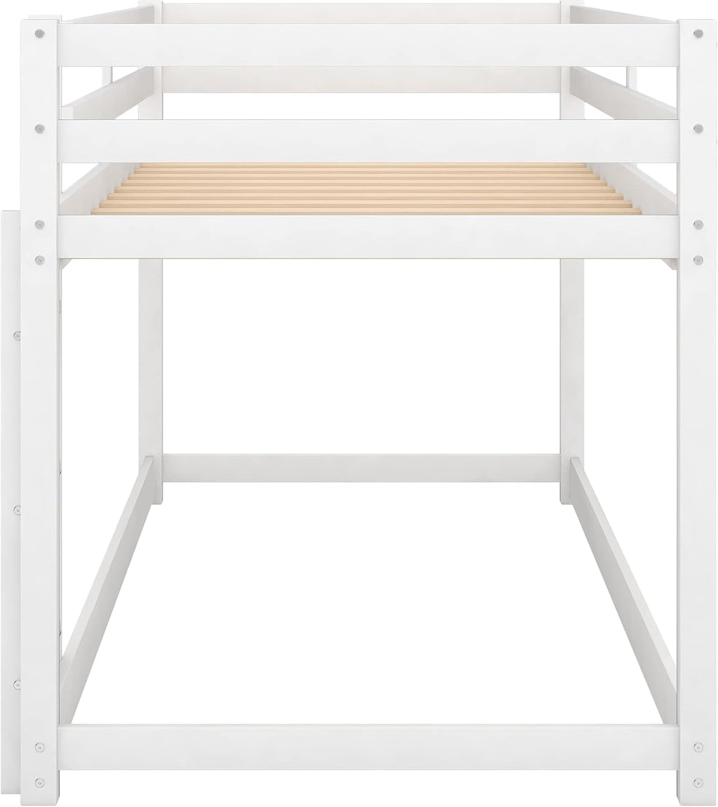 Low Bunk Bed Twin Over Twin, Solid Wood Floor Bunk Bed Frame with Ladder & Safety Guardrails, Twin Bunk Beds for Kids Boys and Girls, Saving Space, No Box Spring Needed, White