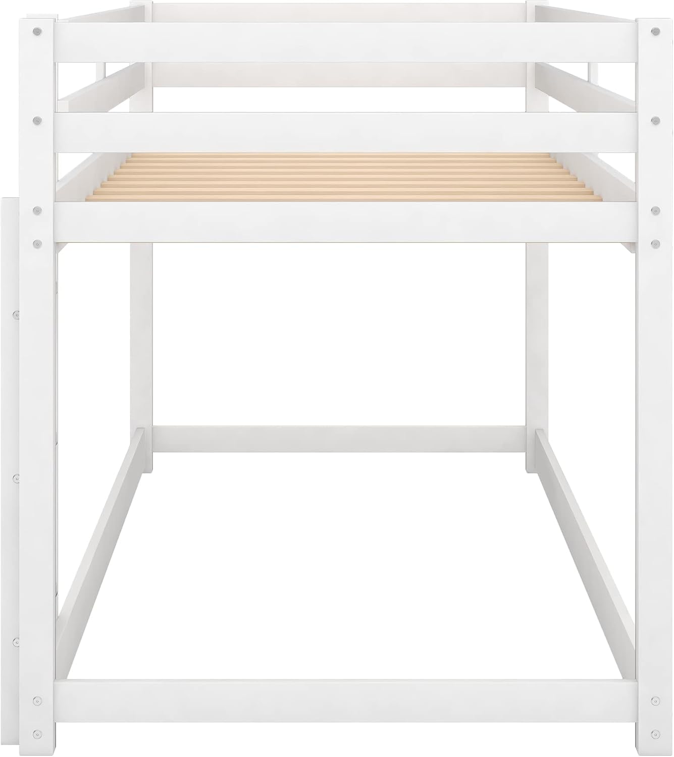 Low Bunk Bed Twin Over Twin, Solid Wood Floor Bunk Bed Frame with Ladder & Safety Guardrails, Twin Bunk Beds for Kids Boys and Girls, Saving Space, No Box Spring Needed, White