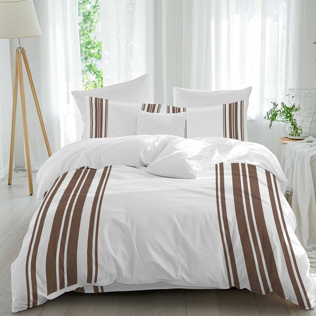 Dark Brown and White Striped Duvet Cover Set Queen Size 4 Pieces Modern Minimalist Vertical Lines Bedding Set with Zipper Closure, 1 Comforter Cover 86x86 Inches 1 Flat Sheet & 2 Pillow Cases