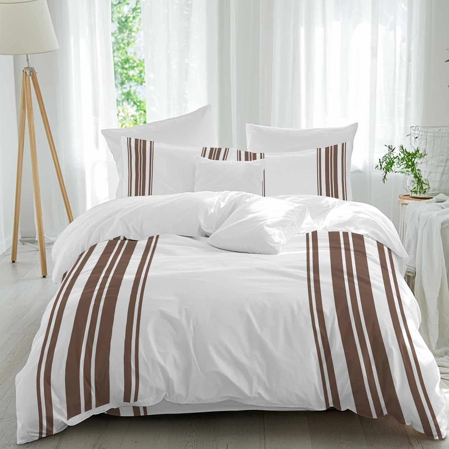 Dark Brown and White Striped Duvet Cover Set Queen Size 4 Pieces Modern Minimalist Vertical Lines Bedding Set with Zipper Closure, 1 Comforter Cover 86x86 Inches 1 Flat Sheet & 2 Pillow Cases