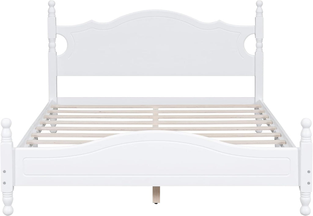 LUMISOL Wood Bed Frame Queen Size with Classic Headboard, Retro Style Wooden Bed Frame with Wood Slat Support for Bedroom, White