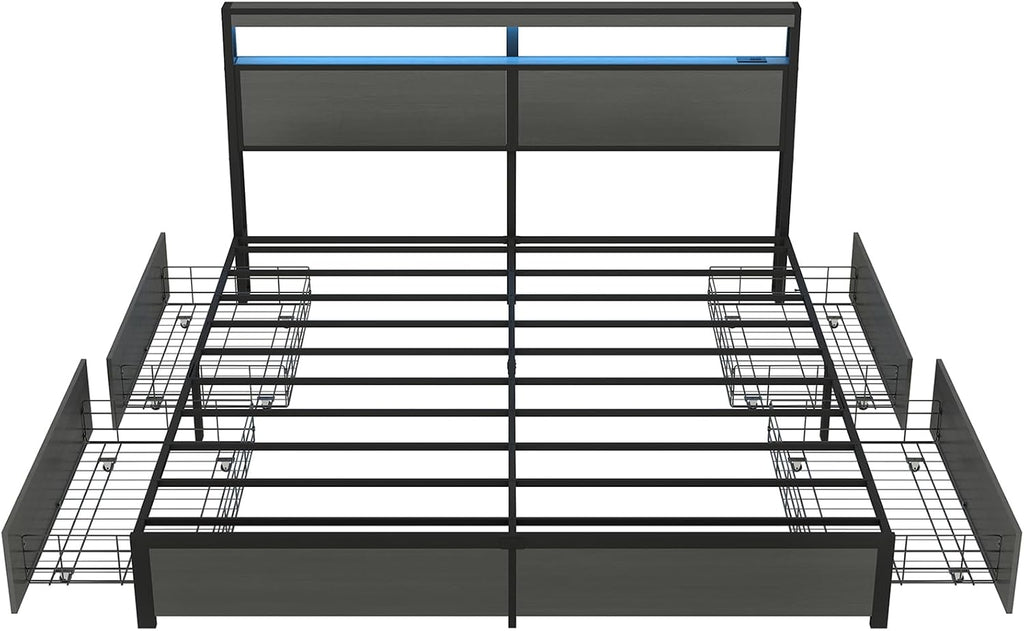 SADENICEL King Bed Frame with Storage Headboard and 4 Drawers, Metal Platform Bed Frame with LED Light, Charging Station, No Box Spring Needed, Noise Free, Easy Assembly, Rustic Grey