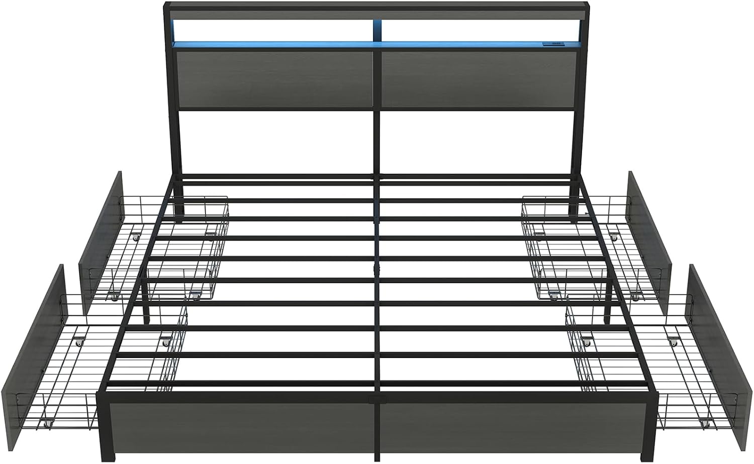 SADENICEL King Bed Frame with Storage Headboard and 4 Drawers, Metal Platform Bed Frame with LED Light, Charging Station, No Box Spring Needed, Noise Free, Easy Assembly, Rustic Grey