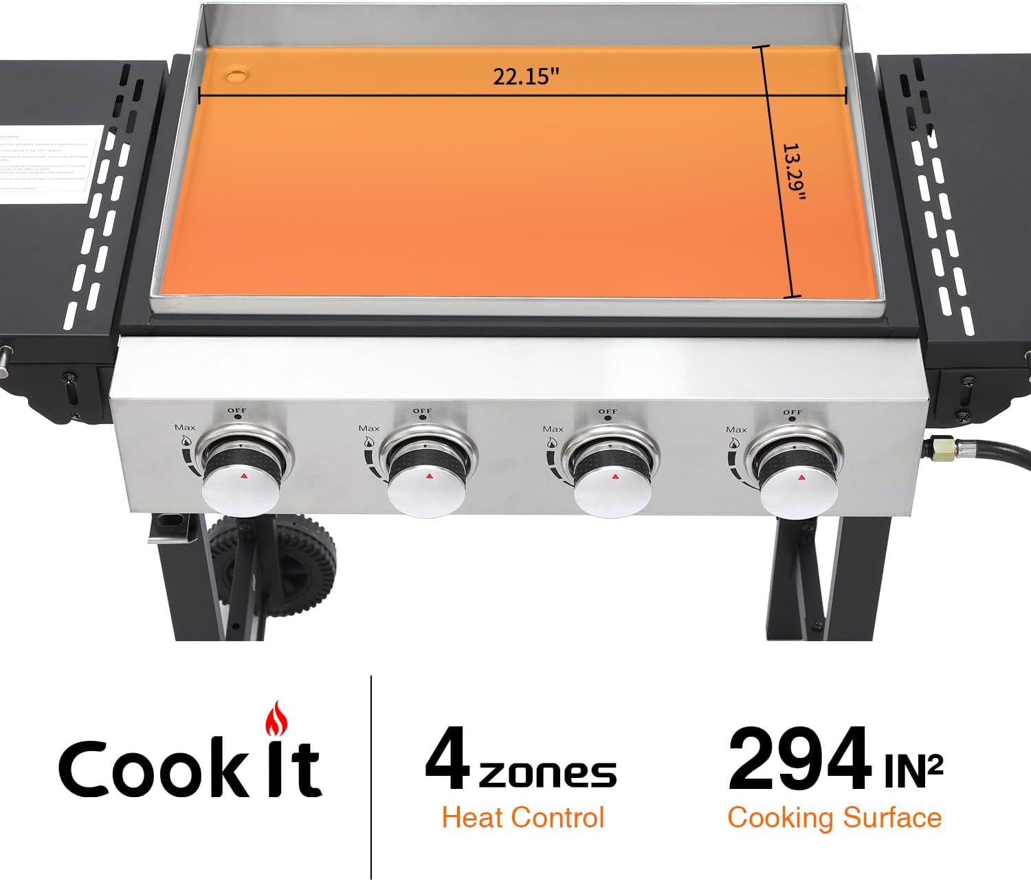 Cookit 4-Burner Flat Top Gas Grill with Stainless Steel Griddle, Includes Cover & Regulator - Perfect for Camping, Tailgating, Backyards