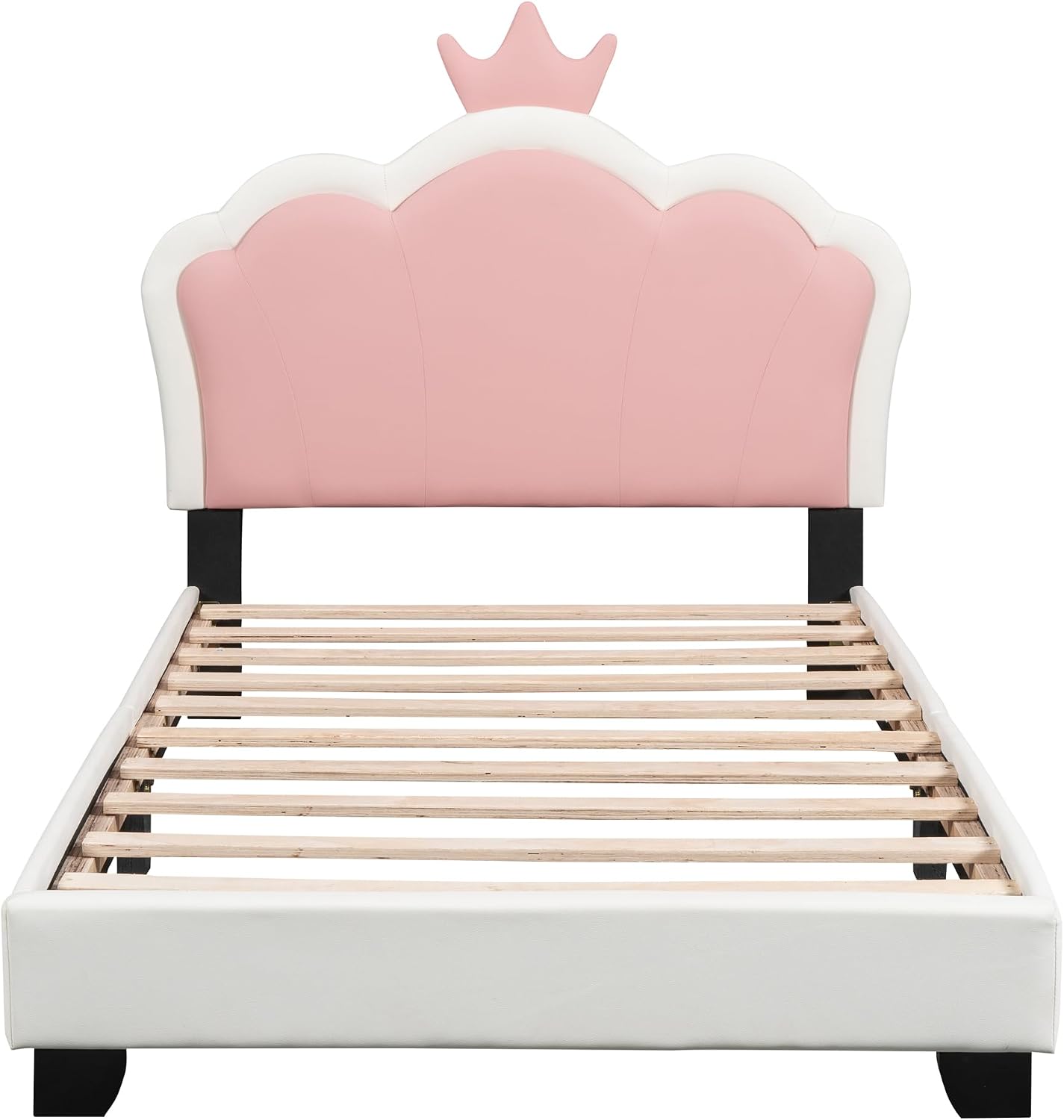 Merax Kids Twin Upholstered Day Bed Frame for Boys Girls, Wood Platform Bed with Crown Headboard, No Box Spring Needed White+Pink