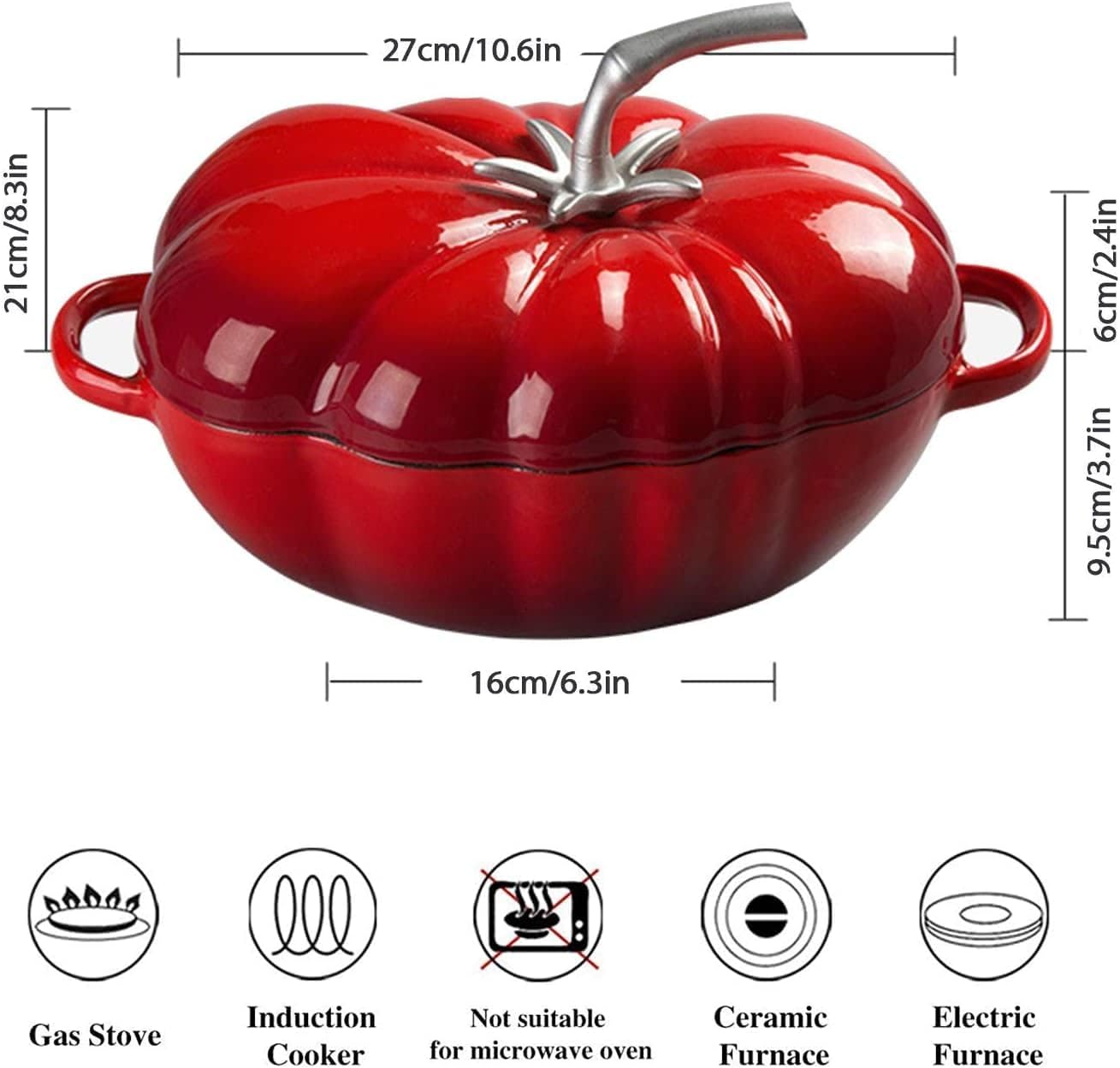 Induction Enameled Cast Iron Dutch Oven Gas Stoves Tomato-Shaped Braiser Nonstick Dual Handles with Lid for 3-5 People