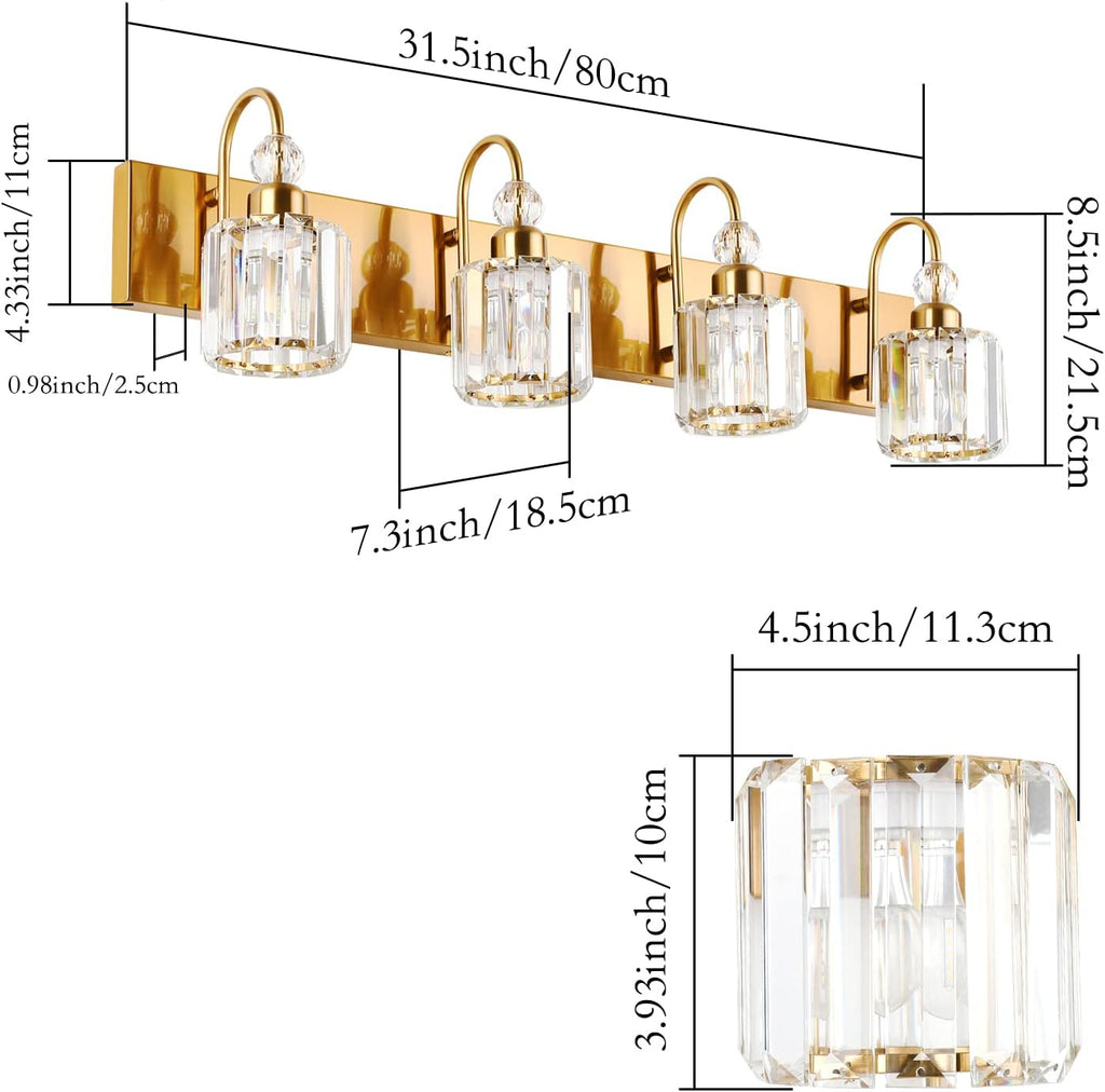 Ralbay Brass Gold Vanity Lights 4-Lights Crystal Bathroom Lighting Fixtures Over Mirror Modern Wall Lighting for Bathroom