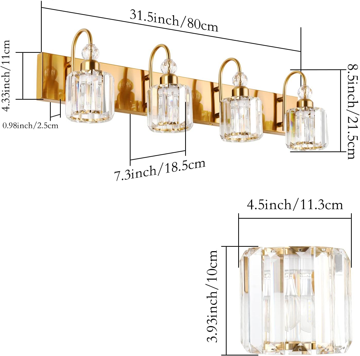 Ralbay Brass Gold Vanity Lights 4-Lights Crystal Bathroom Lighting Fixtures Over Mirror Modern Wall Lighting for Bathroom