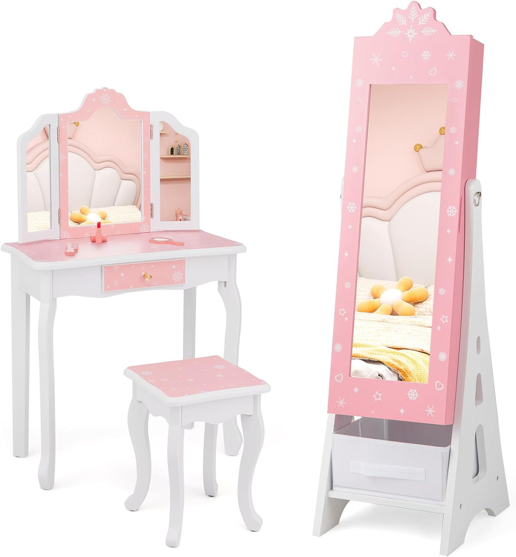 Costzon Kids Vanity & Jewelry Armoire Cabinet, Kids Vanity Table and Chair Set, Standing Jewelry Organizer with Full-Length Mirror, Kids Bedroom Furniture Set for Girls, Snowflake Print (Pink)