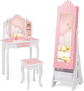 Costzon Kids Vanity & Jewelry Armoire Cabinet, Kids Vanity Table and Chair Set, Standing Jewelry Organizer with Full-Length Mirror, Kids Bedroom Furniture Set for Girls, Snowflake Print (Pink)