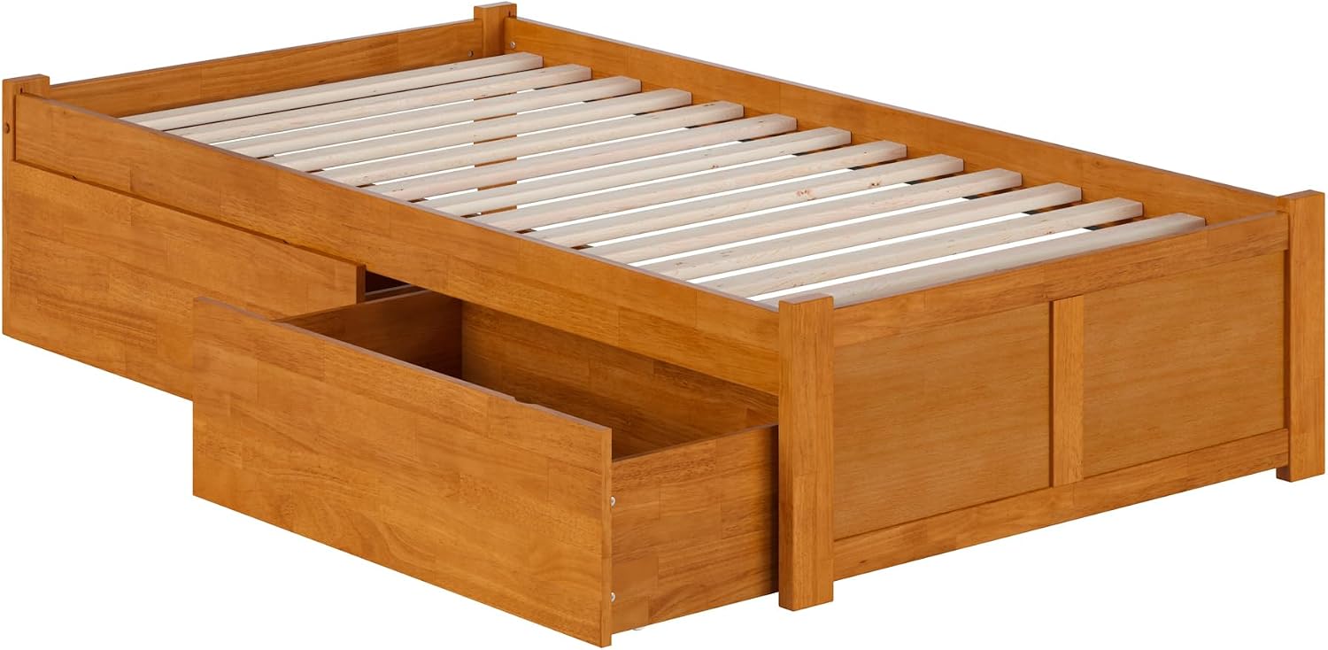 AFI Concord Twin Solid Wood Platform Bed with Footboard & Storage Drawers in Light Toffee
