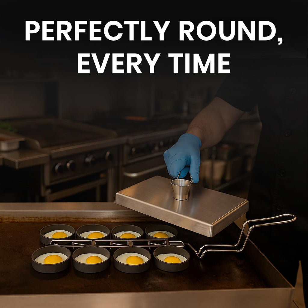 Rattleware Stainless Steel Egg Rings Commercial-Grade Egg Fryer Ring for Frying Eggs – Durable Metal Round Rings with Heat-Resistant Handle – Breakfast Kitchen Gadgets and Egg Cooker (8 Ring Set)