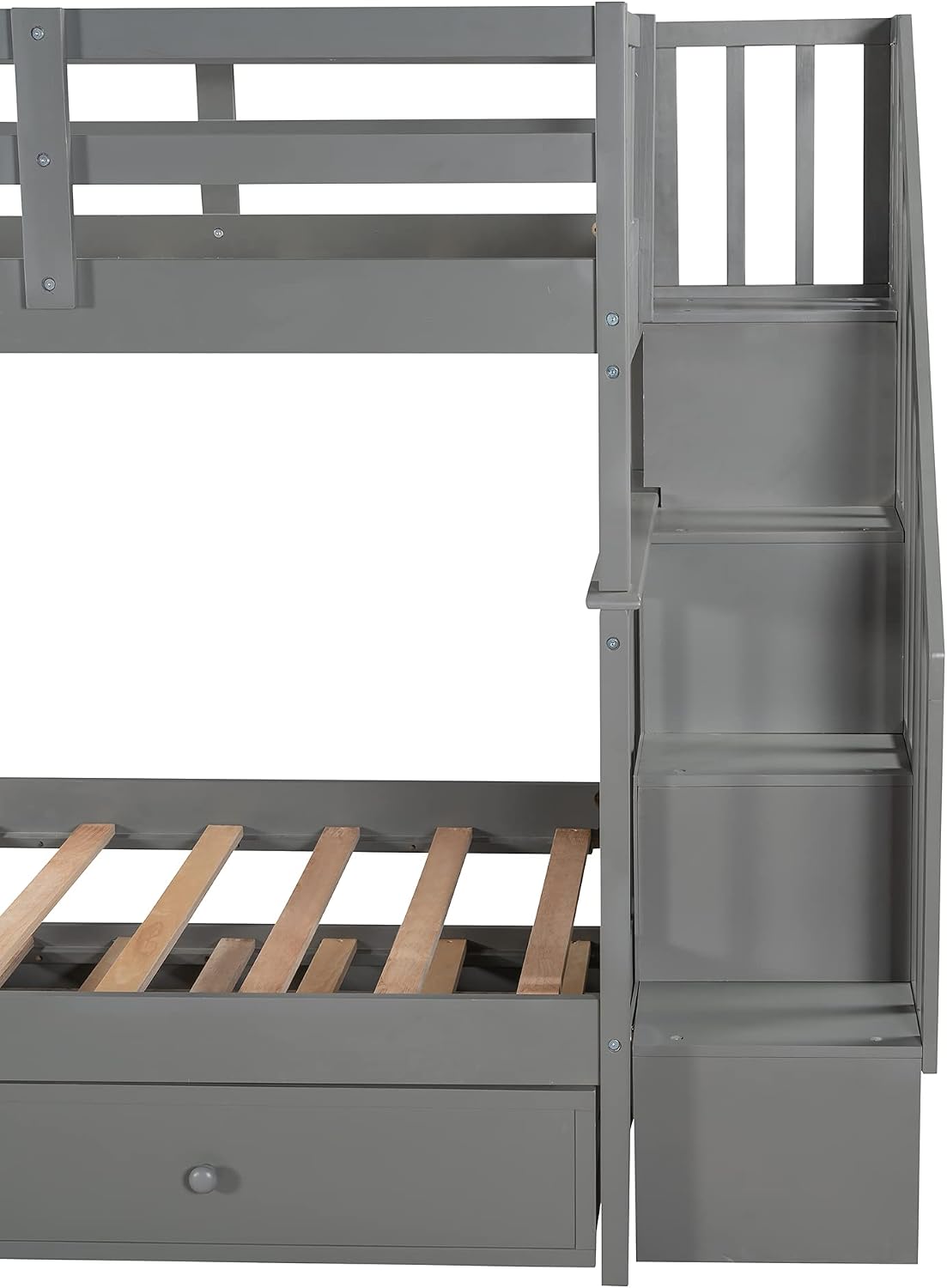 Harper & Bright Designs Twin-Over-Twin Bunk Bed with Trundle and Storage Staircase, Solid Wood 3 in 1 Stairway Bunk Bed with Trundle, Grey