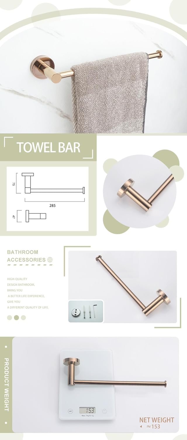Rose Gold Bathroom Accessories 304 Stainless Steel Towel Rack Toilet Roll Paper Tissue Holder Double Cup Towel Bar Hooks,2 PCS Towel Rings A