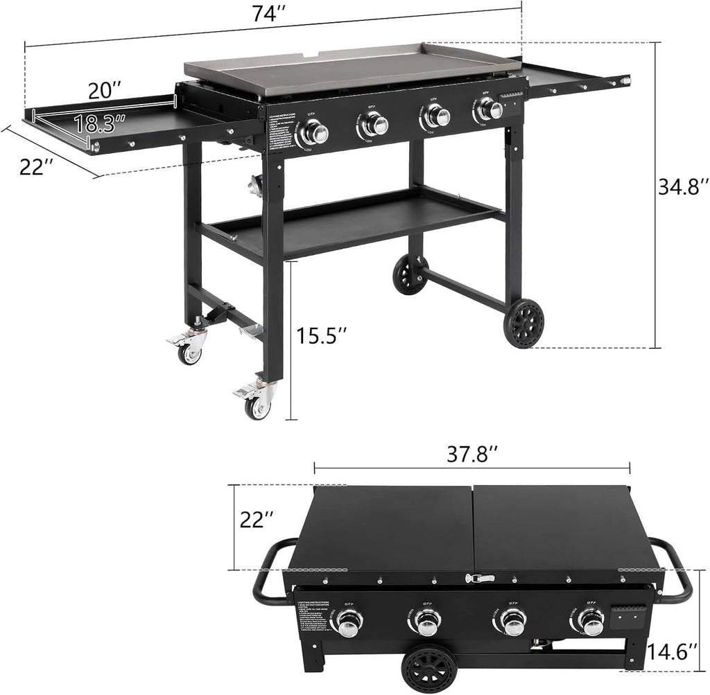Foldable Flat Top Grill, Portable Outdoor Propane Griddle with 2 Foldable Shelves, 30000/45000/60000 BTU Gas Grill Griddle Cooking Station for BBQ & Outdoor Cooking, Black(4 Burner)
