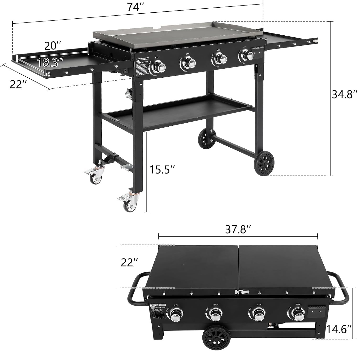 Foldable Flat Top Grill, Portable Outdoor Propane Griddle with 2 Foldable Shelves, 30000/45000/60000 BTU Gas Grill Griddle Cooking Station for BBQ & Outdoor Cooking, Black(4 Burner)