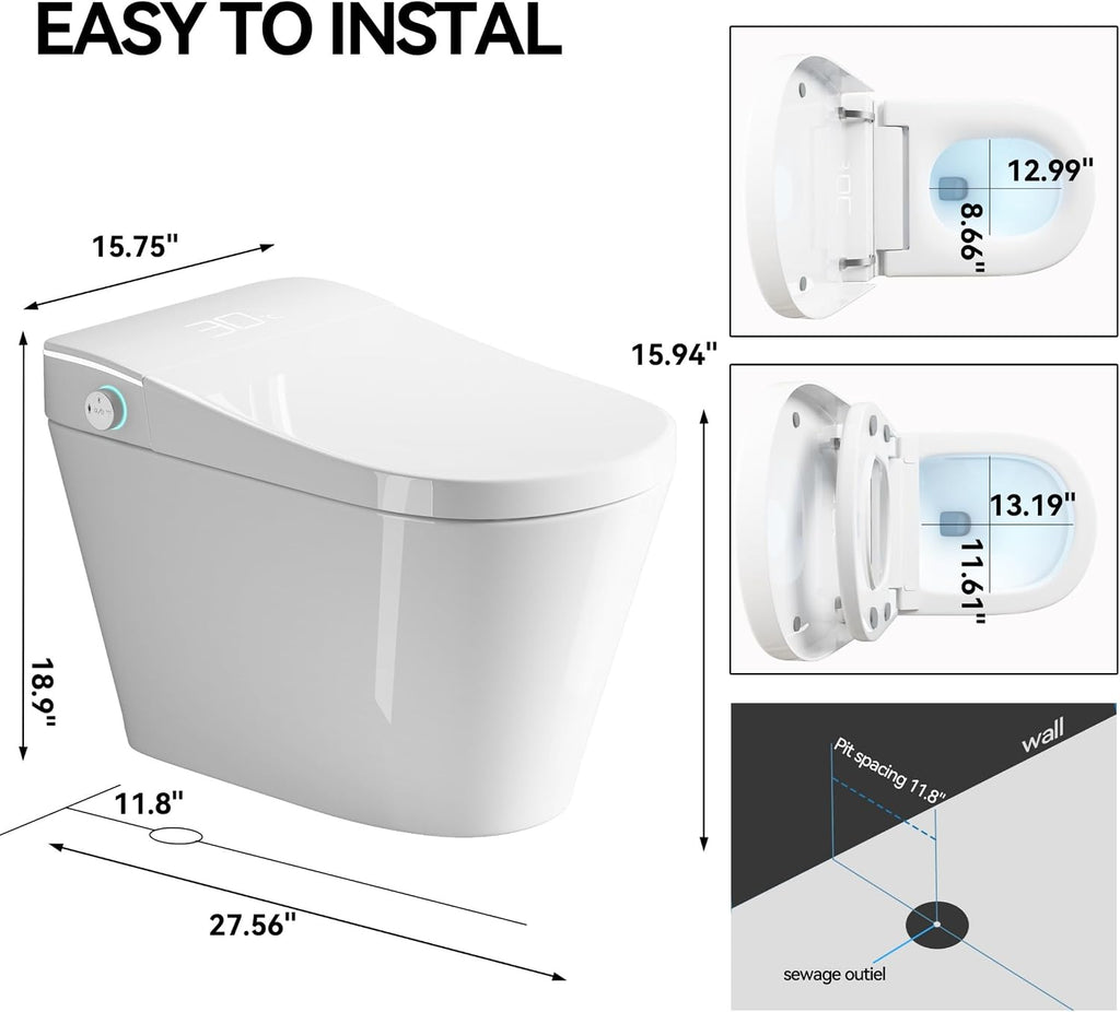 Smart Toilet,One Piece Toilet with Bidet Built In,Dryer & Warm Water - Ceramic Toilet with Sensing Distance, Auto Open/Close Seat,White