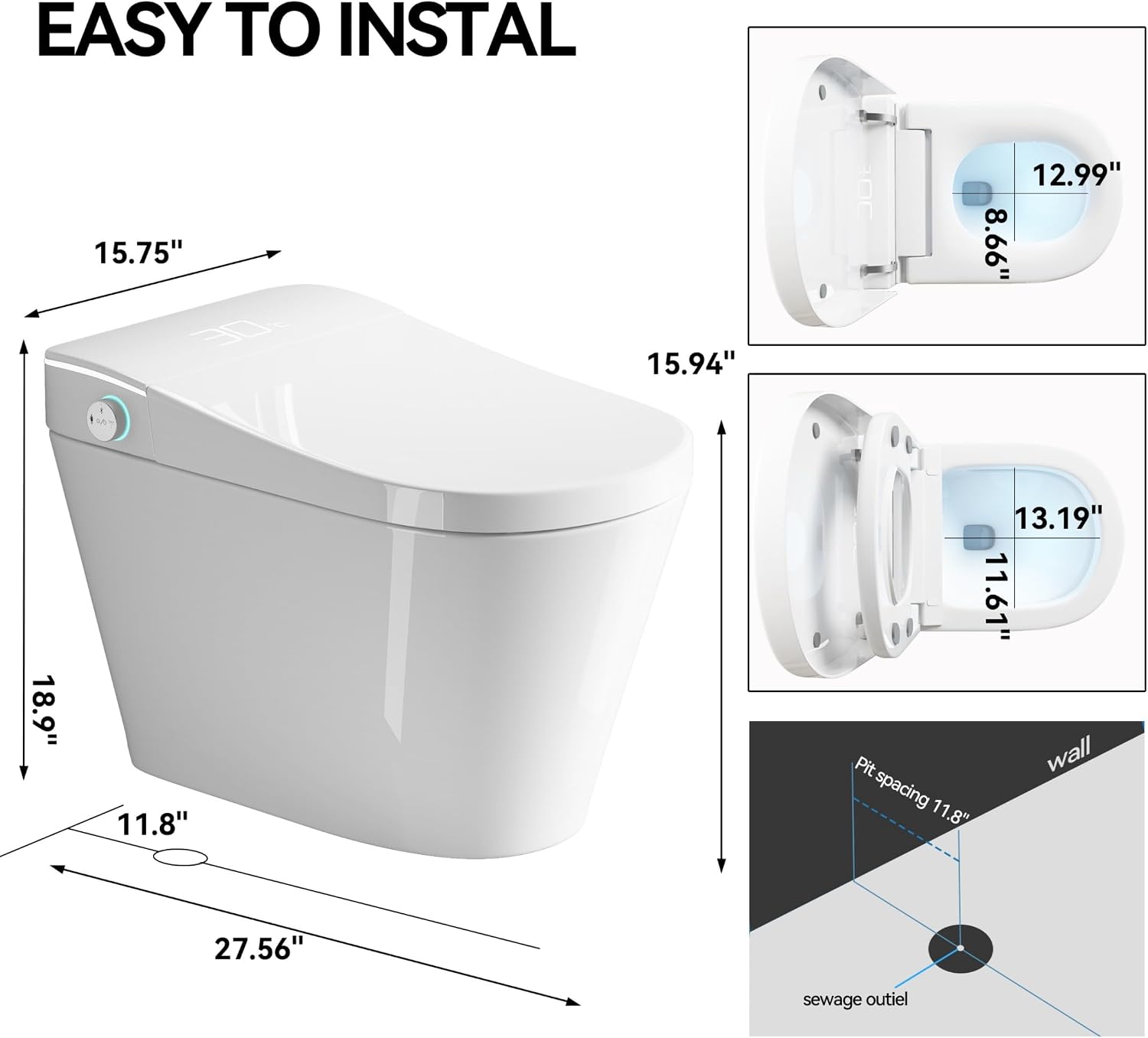 Smart Toilet,One Piece Toilet with Bidet Built In,Dryer & Warm Water - Ceramic Toilet with Sensing Distance, Auto Open/Close Seat,White