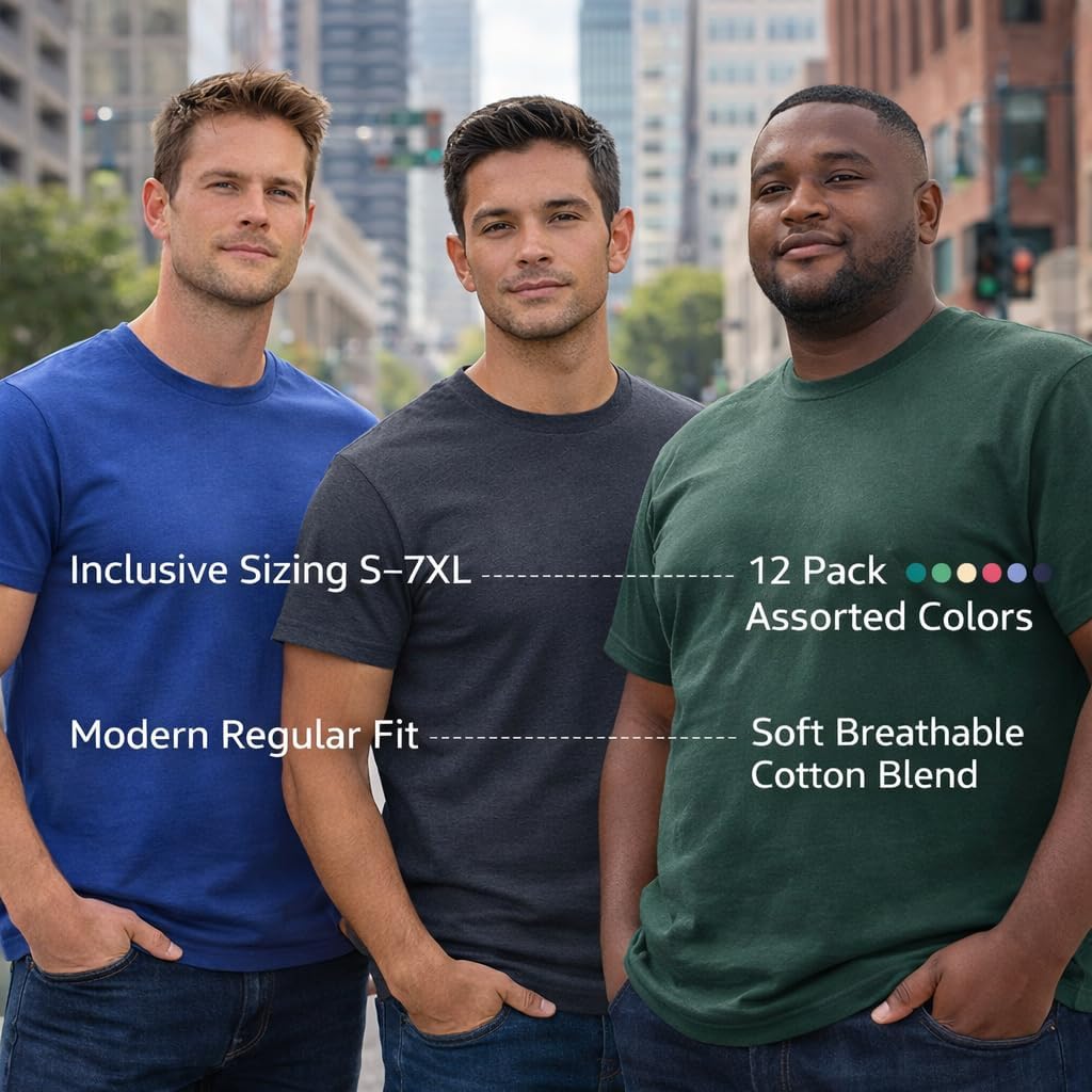 SOCKS'NBULK Men's Cotton Crew Neck Regular T-Shirts Bulk Short Sleeve Lightweight Tees Mix Colors