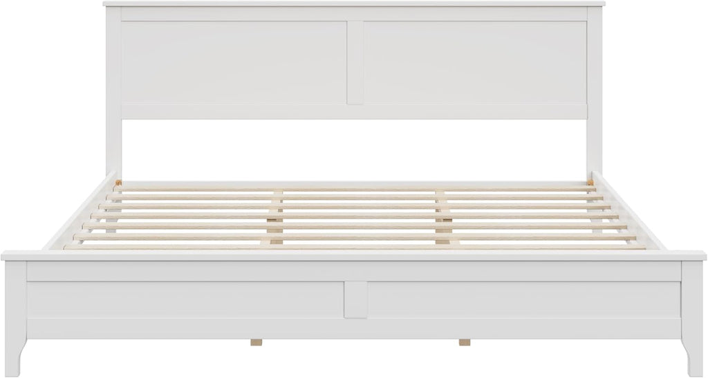 King Size Wood Bed Frame and Headboard, Modern Retro White Platform Beds Frames, Sturdy and Durable Design Rustic Wooden Bedroom Set, Easy Assembly, No Box Spring Needed (White, King)