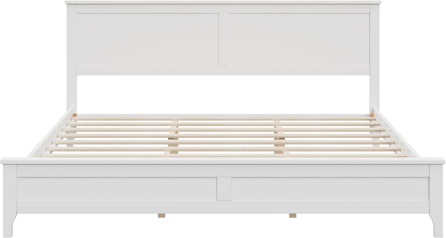 King Size Wood Bed Frame and Headboard, Modern Retro White Platform Beds Frames, Sturdy and Durable Design Rustic Wooden Bedroom Set, Easy Assembly, No Box Spring Needed (White, King)
