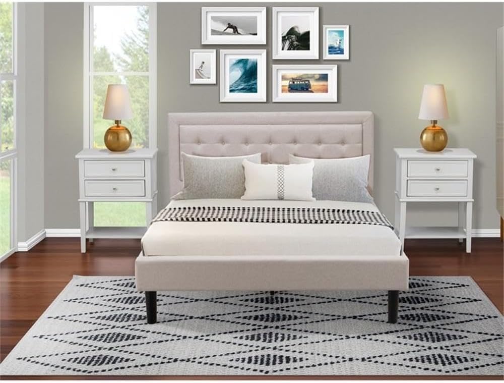 East West Furniture FN08Q-2VL14 3-Piece Fannin Bedroom Set with 1 Queen Bed and 2 Night Stands - Reliable and Sturdy Manufacturing - Mist Beige Linen Fabric