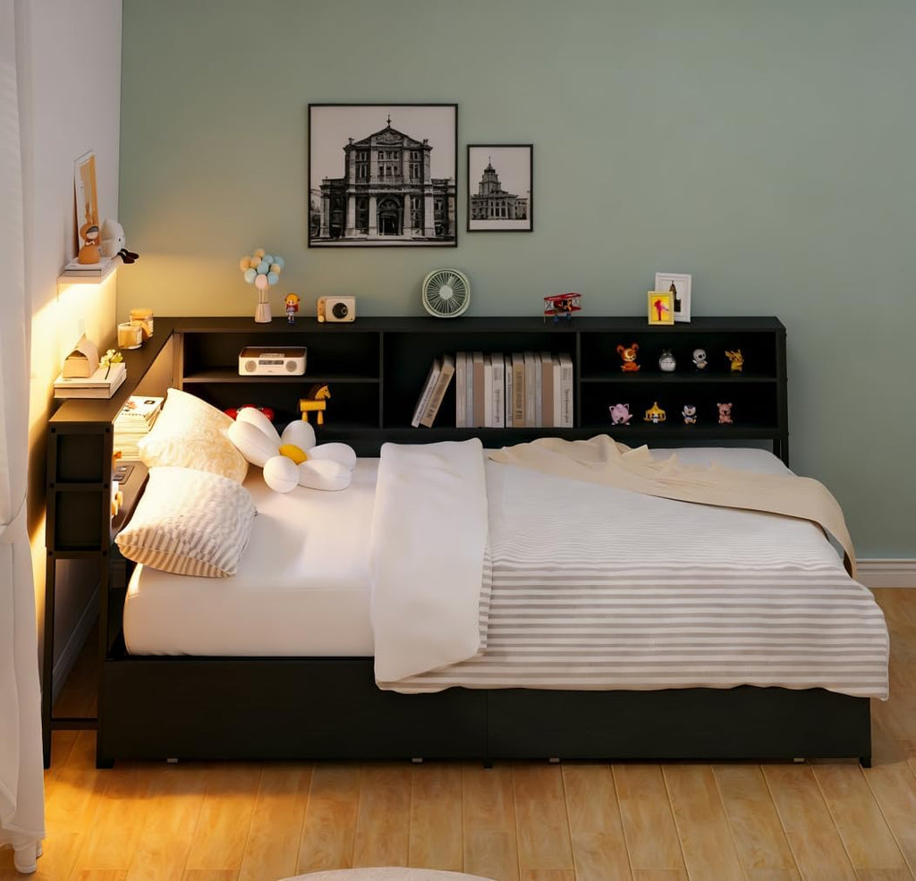 Bellemave Twin Corner Bed Frame with Storage, Twin Size Captains Bed with Charging Station and LED Light, Wood Daybeds with L-Shaped Bookcase and 2 Drawers, Black