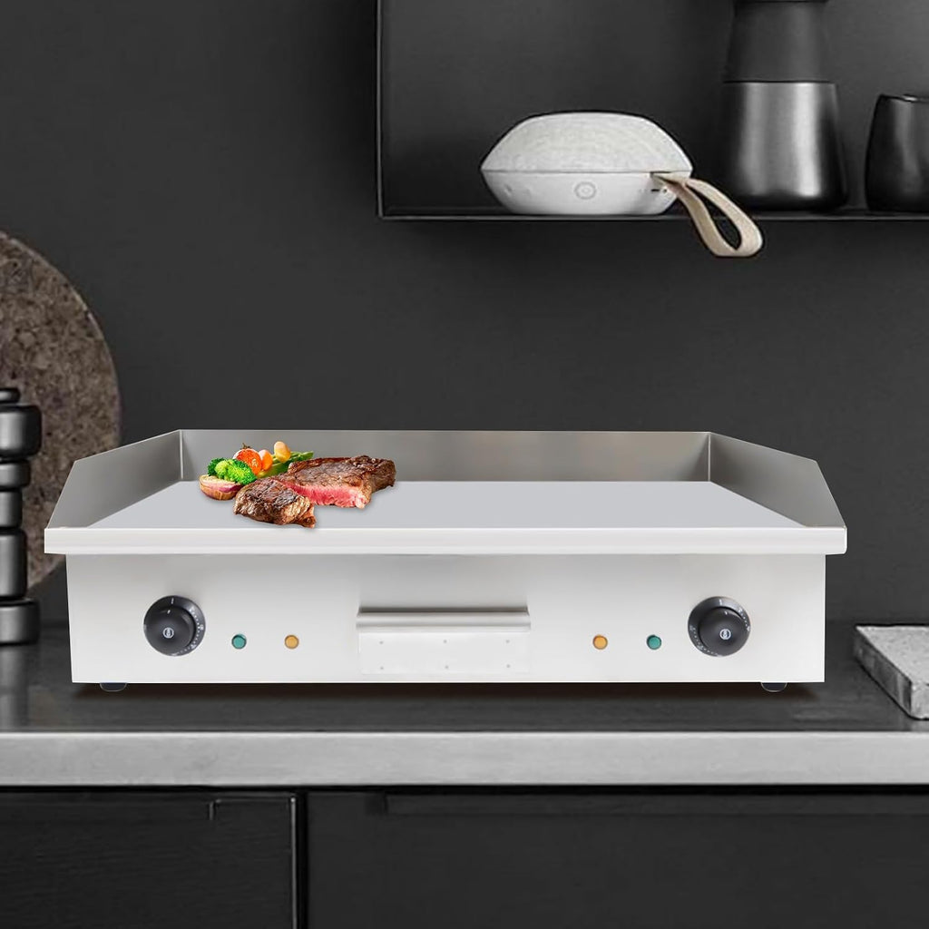 Commercial Electric Griddle, Teppanyaki Stainless Steel BBQ Flat Top Grill Hot Plate, 3000W Countertop Griddle Adjustable Thermostatic Control 122-572℉ Electric Griddle for Kitchen (Button*2)
