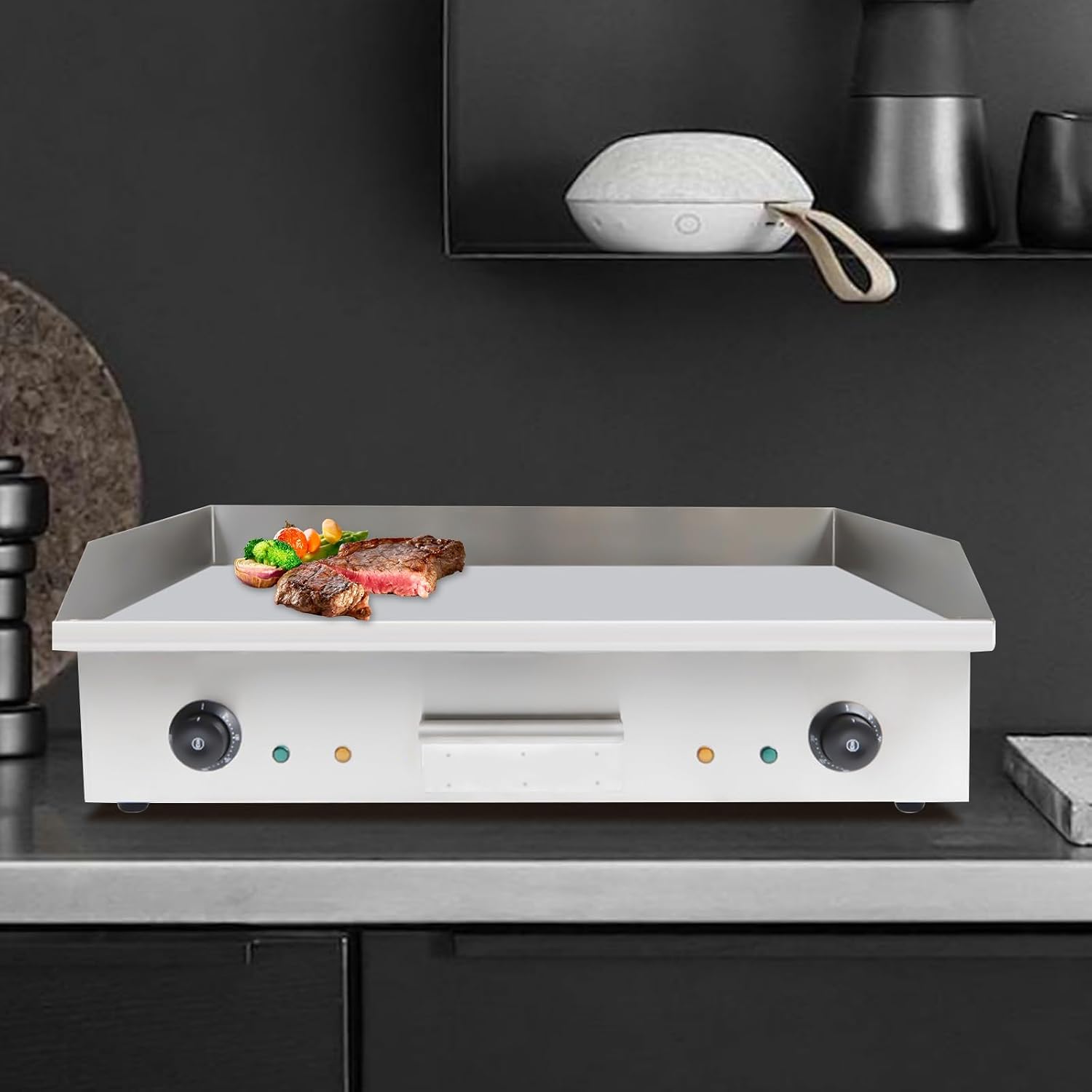 Commercial Electric Griddle, Teppanyaki Stainless Steel BBQ Flat Top Grill Hot Plate, 3000W Countertop Griddle Adjustable Thermostatic Control 122-572℉ Electric Griddle for Kitchen (Button*2)
