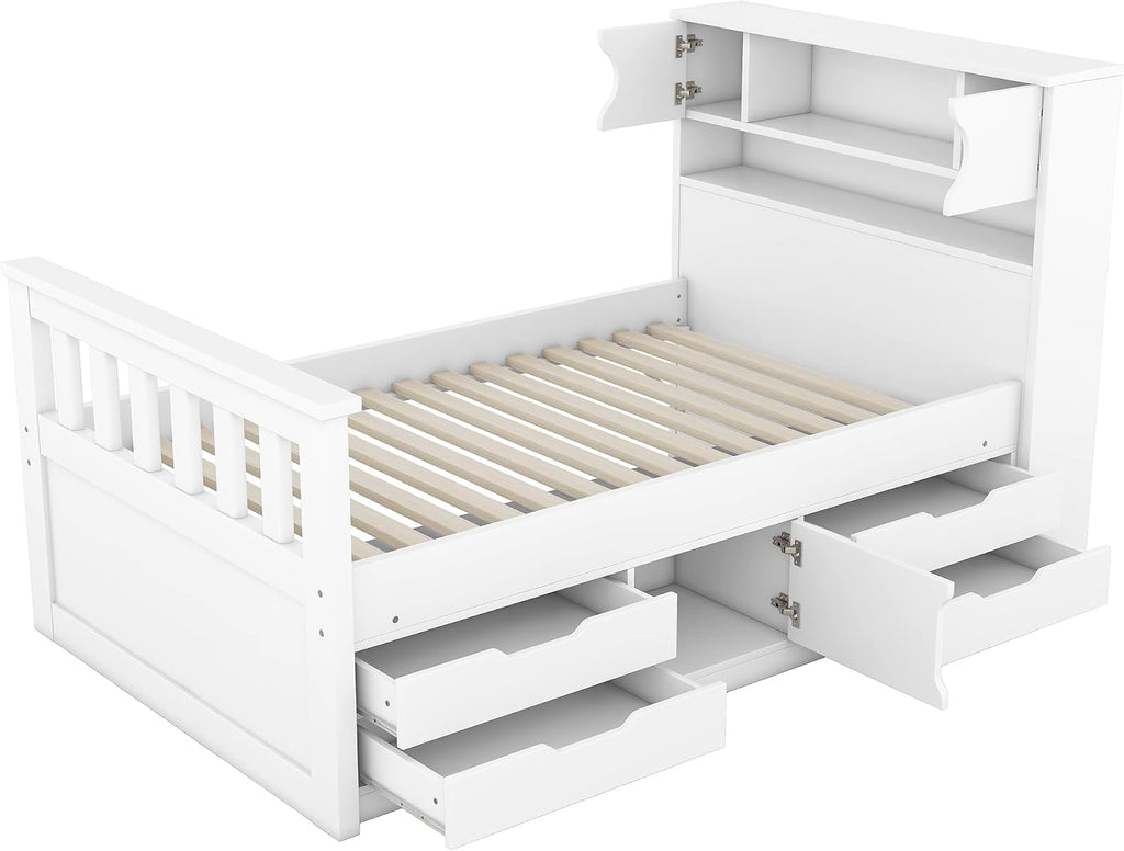 SOFTSEA Twin Size Captains Bed Frame with Storage Drawers, Wood Platform Bed with Bookcase Headboard, Storage Shelves and Doors for Kids Teens, No Box Spring Needed, White