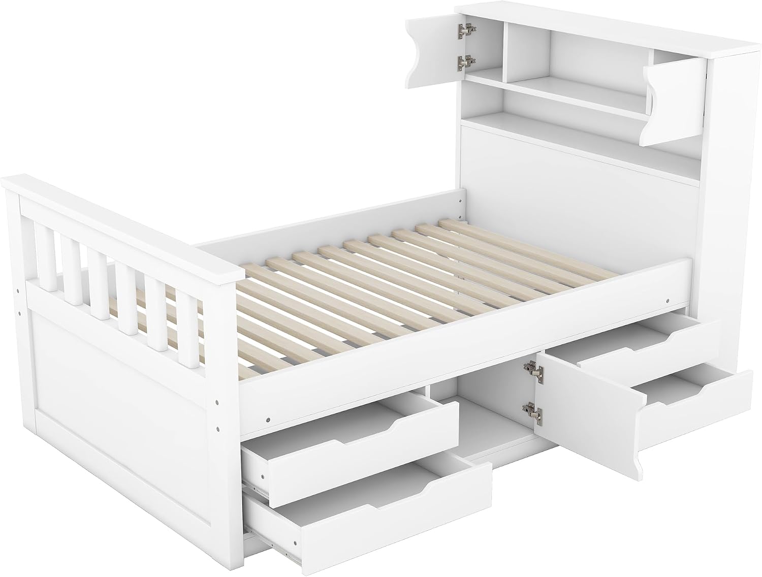 SOFTSEA Twin Size Captains Bed Frame with Storage Drawers, Wood Platform Bed with Bookcase Headboard, Storage Shelves and Doors for Kids Teens, No Box Spring Needed, White