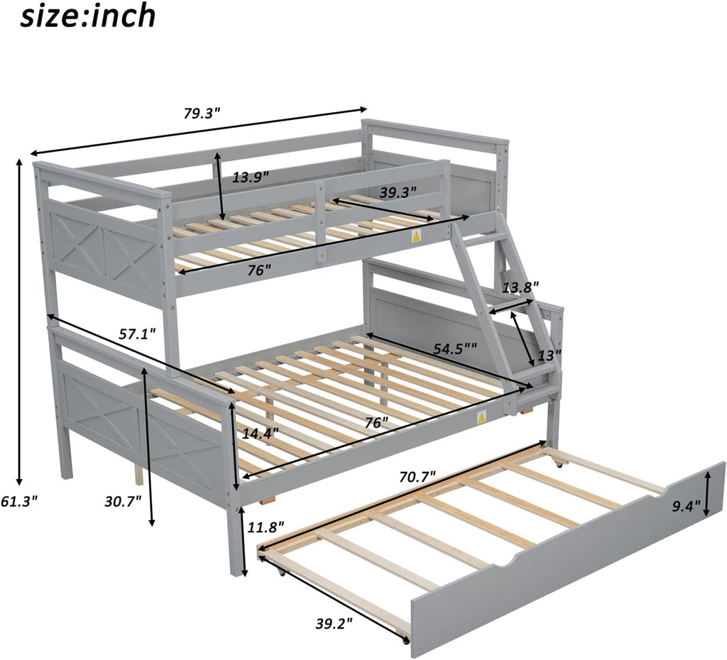 Merax Trundle Bunk Bed, Twin Over Full Wood Bunk Bed with Twin Size Trundle and Ladder, 3-in-1 Convertible to 2 Separate Beds, Solid Wood Frame with Guardrai, Grey