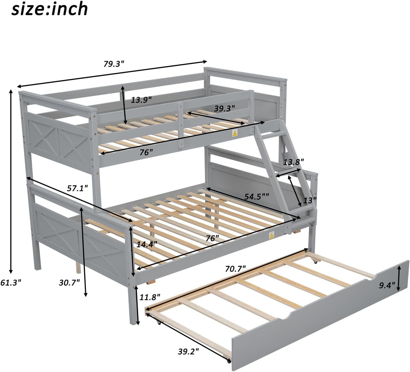 Merax Trundle Bunk Bed, Twin Over Full Wood Bunk Bed with Twin Size Trundle and Ladder, 3-in-1 Convertible to 2 Separate Beds, Solid Wood Frame with Guardrai, Grey